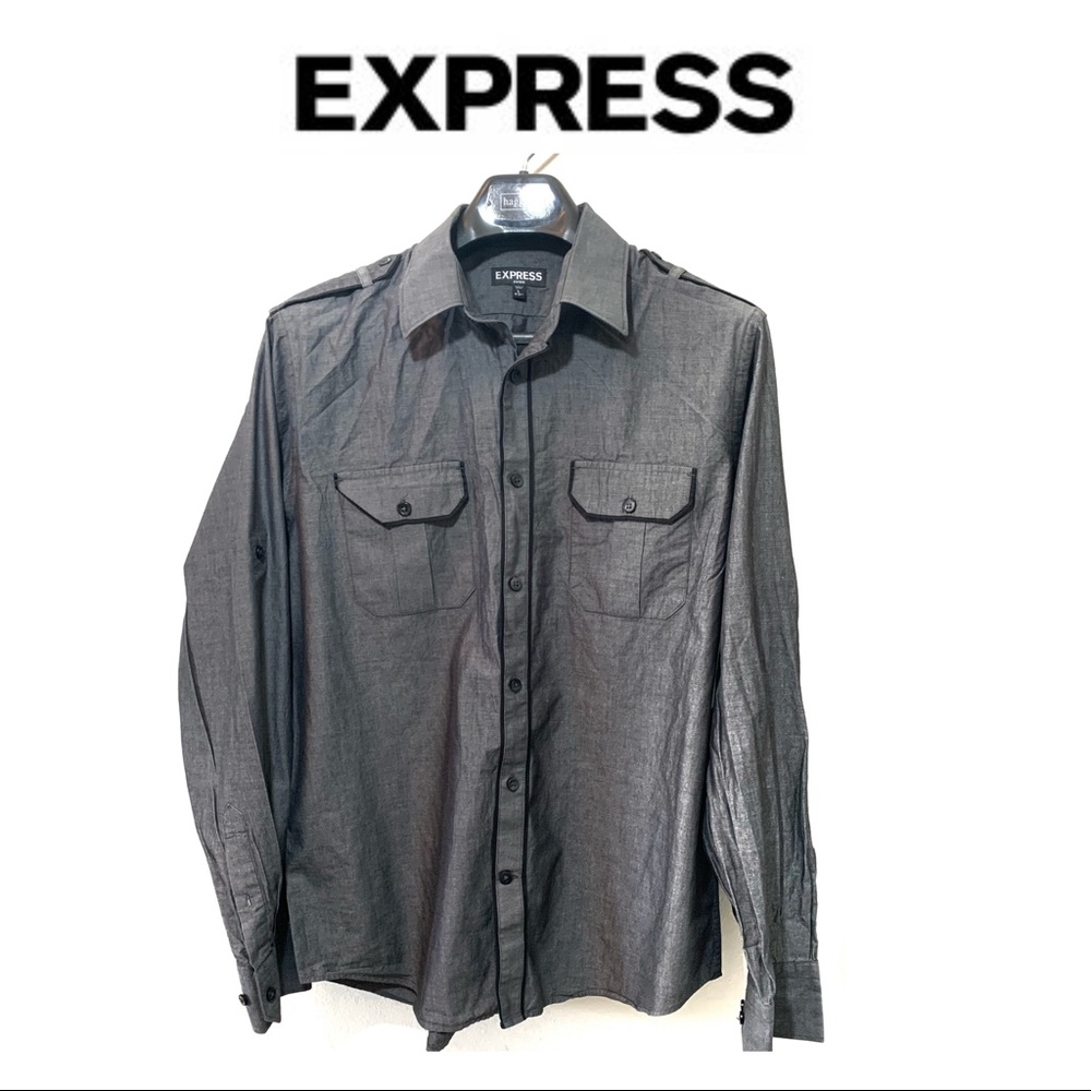 Express Gray Fitted Long Sleeve Button Down: Large